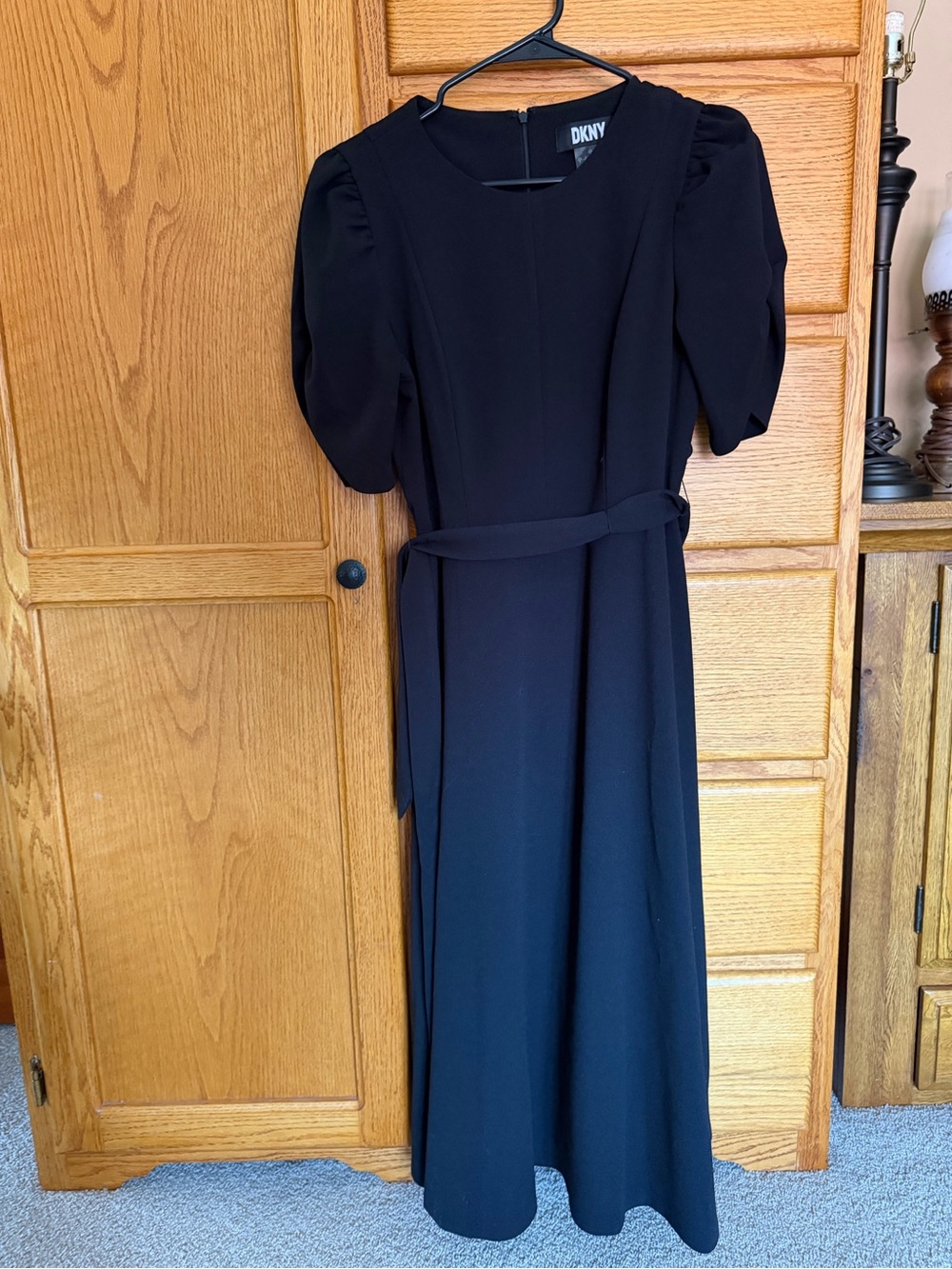 DKNY Black Dress with Puff Sleeves and Waist Tie
